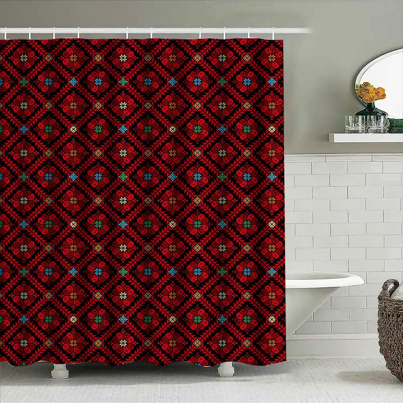 Red Floral Bath Shower Curtain With Multicolor Geometric Patterns Water Repellent Polyester Fabric For Bathroom Decorations