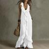 Women Bohemian Long Dress Summer Ruffle Deep V Neck Sleeveless Swing Dress Solid Color Loose Casual Beach Vacation Maxi Dress