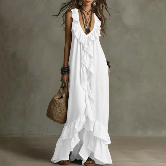 Women Bohemian Long Dress Summer Ruffle Deep V Neck Sleeveless Swing Dress Solid Color Loose Casual Beach Vacation Maxi Dress