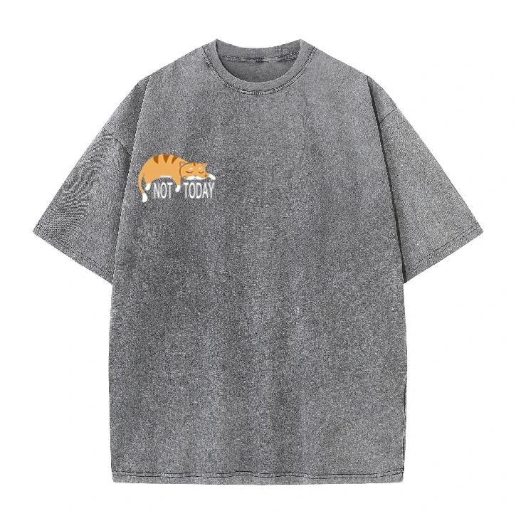 Not Today Lazy Cat Graphic TShirt Vintage Washed Oversized Cotton Tee Cute Cat Streetwear Tops for Men Women
