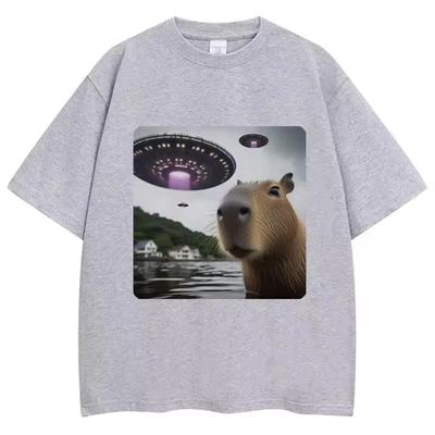 Lustiges Alien Selfie UFO Capybara Grafik T-Shirt Tierliebhaber Männer Frauen T-Shirt Gemütliche Baumwolle Locker Lässige T-Shirts