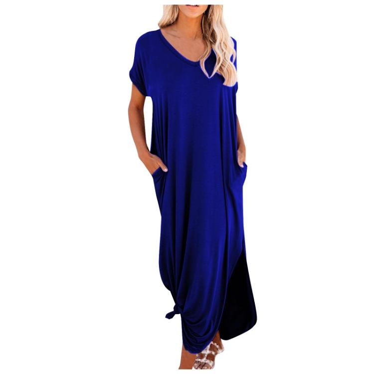 Casual Women's Loose Swing Long Dress V-neck Short-sleeve Solid Color Side Slit Summer Fashion