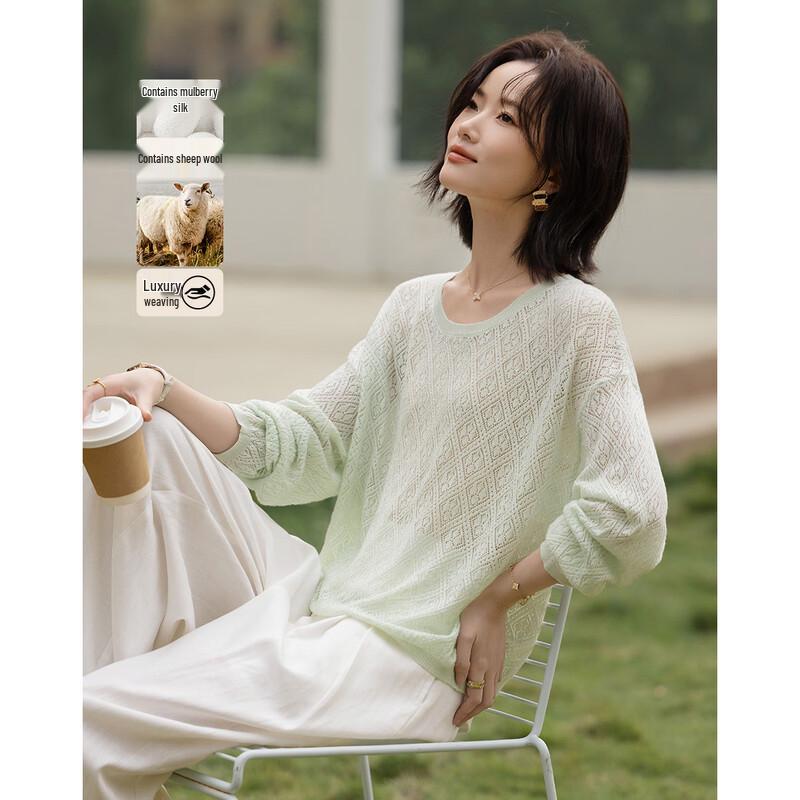 Women s Hollow Jacquard Knit Sweater with Silk and Wool Blend L