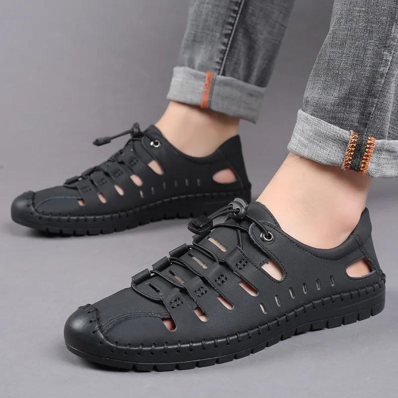 Fashion Sandals Summer Men Cozy Hollow Non-slip Soft Cool Lighted Breathable All-match Classic Wearable Fashion Casual Leather Sandals