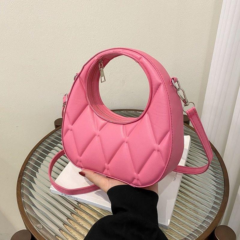 Unisex Stylish Quilted Crescent Handbag For Women In Soft Texture Available In Black White Pink Khaki Yellow