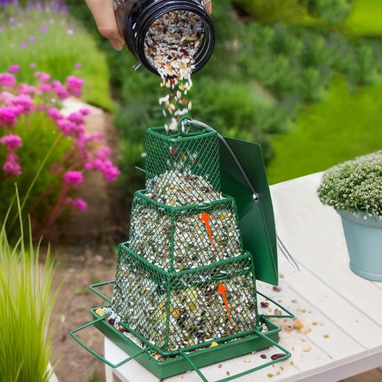 Hrănitor metalic pentru păsări cu 3 niveluri, suspendabil, hrănitor pentru colibri, distribuitor de hrană pentru păsări, plasă pliabilă