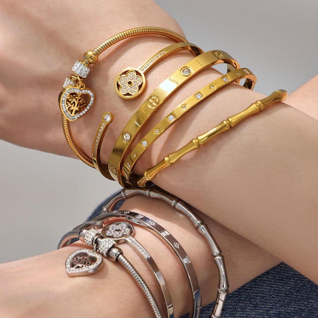 18k Gold-Plated Zircon Bamboo Bracelet Set: Geometric, European & American Style
