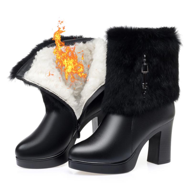 Winter leather women's boots high-heeled model catwalk boots rabbit fur mouth women's cotton boots thick heel cowhide short boots women's wool
