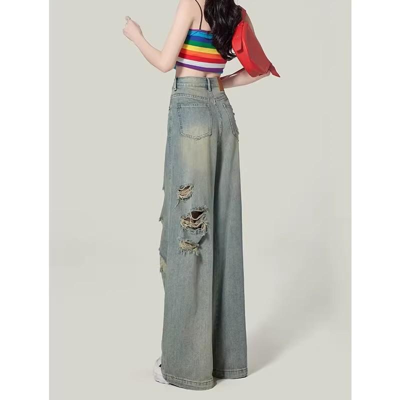 Plus Size High Waist Wide-Leg Ripped Jeans for Women - Summer 2025 New Arrivals, Slimming Drape, Floor-Length Pants for Chubby Girls