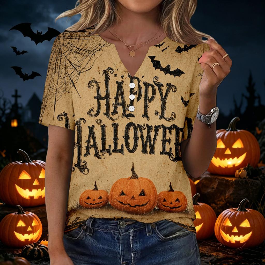 Women's Casual Halloween Print V Neck Short Sleeve Button Front Top Lightweight Comfortable Fit