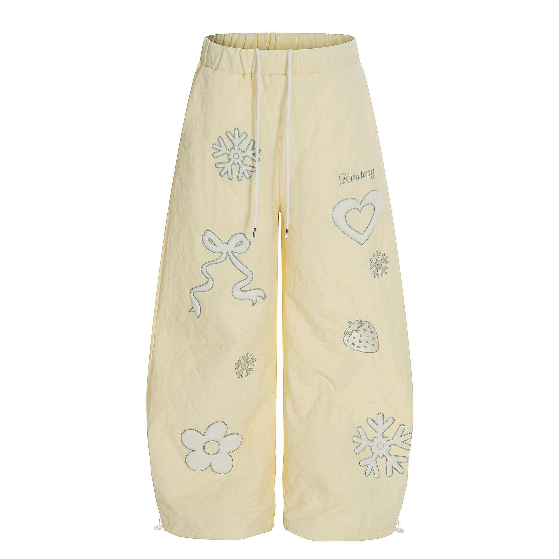 

Thickened Snowflake Bow Embroidery Wide Leg Cotton Pants - Cute and Warm Casual Wear Small бежевый