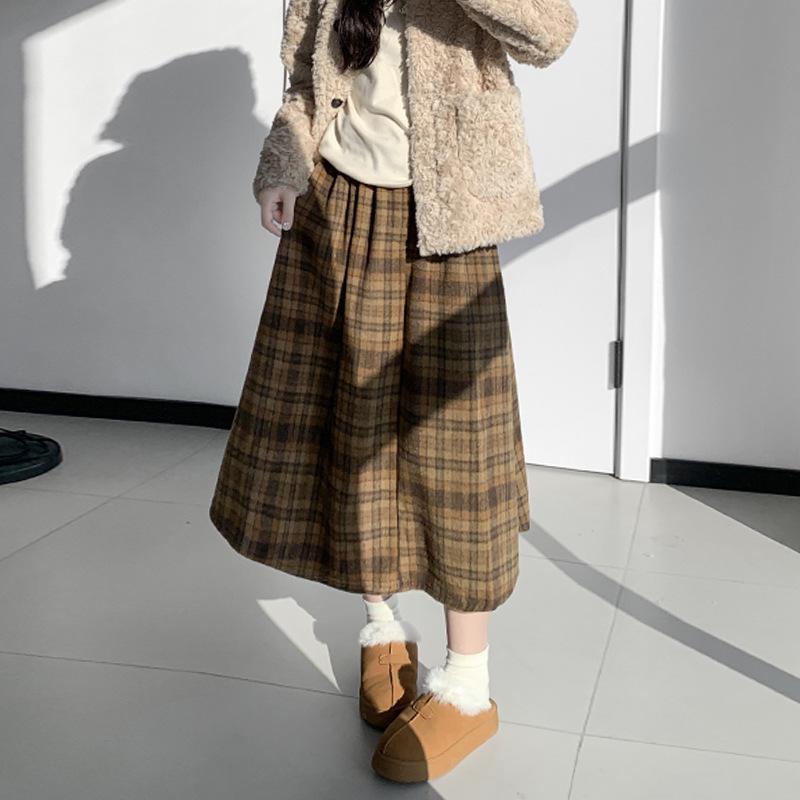 

Женская шерстяная юбка А-силуэта в клетку из бархата, с высокой талией - Зимняя, средней длины, приталенная Small