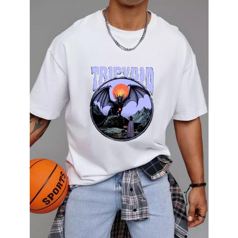 White T-Shirt with Tripvoid Dragon and Sunset Mountain Scene Graphic for Casual Wear
