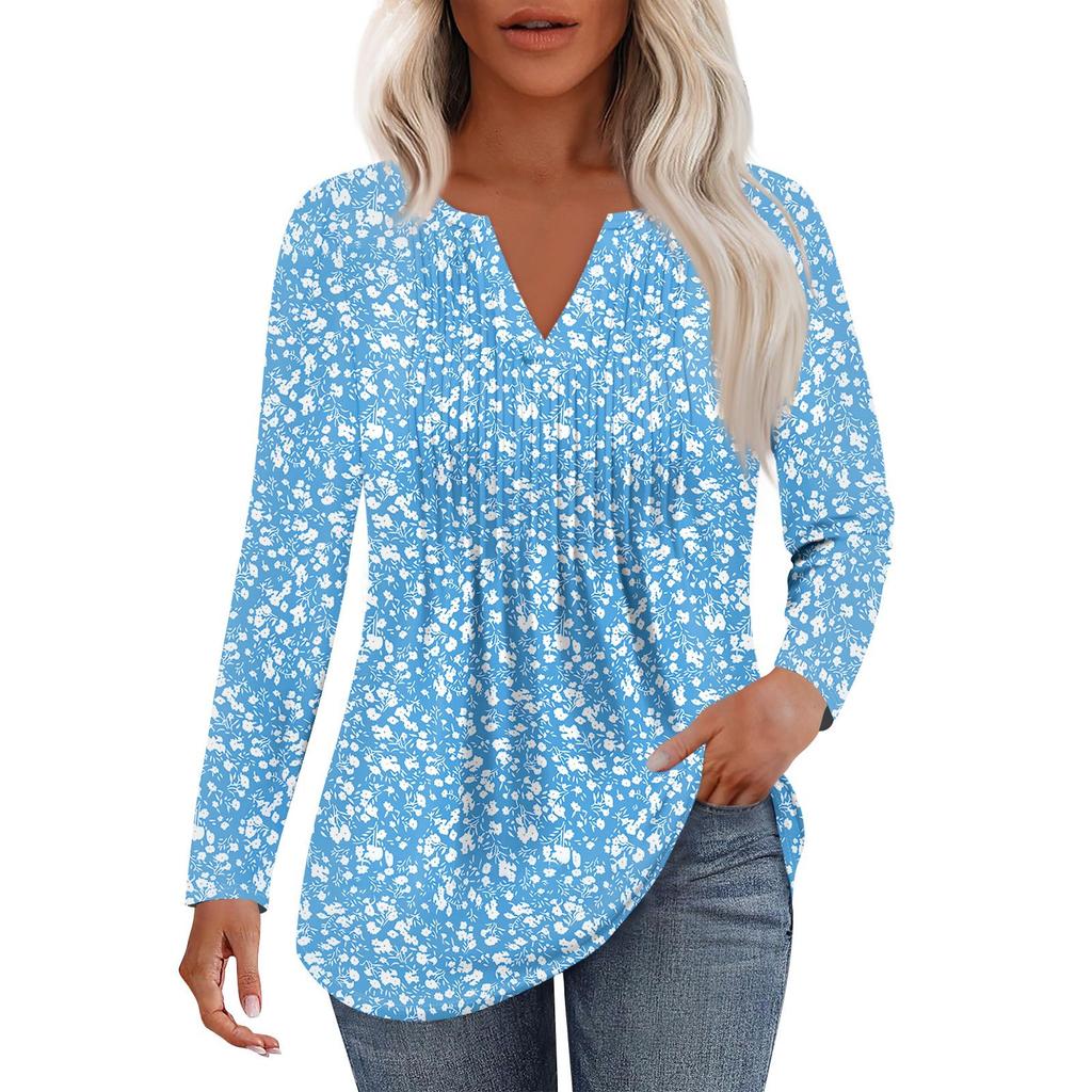 Women's Fashion Casual Pleated V Neck Solid Color Long Sleeve T-Shirt Elegant Tops