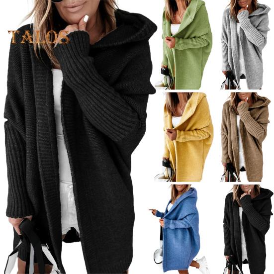 Women Sweater Coat Hooded Long Sleeve Ribbed Cuffs Open Front Knitting Coat Solid Color Mid-length Sweater Cardigan