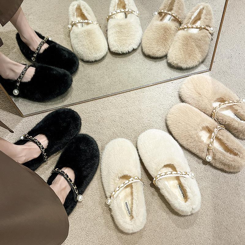Korean Version of Flat-bottomed Fluffy Slippers for Women's Outer Wear 2025 Autumn and Winter New Models, Velvet To Keep Warm, Lazy, One-pedal Bag Hea