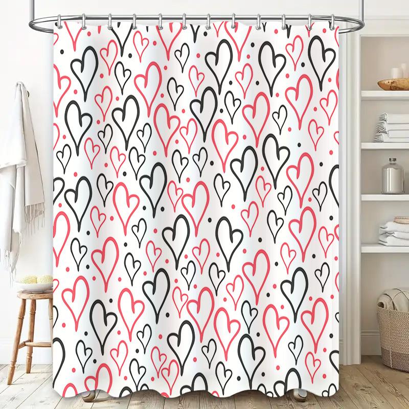 Pink Black Heart Shower Curtain Bathroom Decor Waterproof Fabric Print Home Decoration (B)