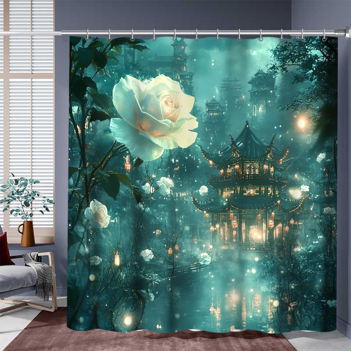 

1pc Enchanting Nighttime Floral Shower Curtain with Hooks - Elegant Retro Digital Print, Machine Washable Polyester, 200x180cm