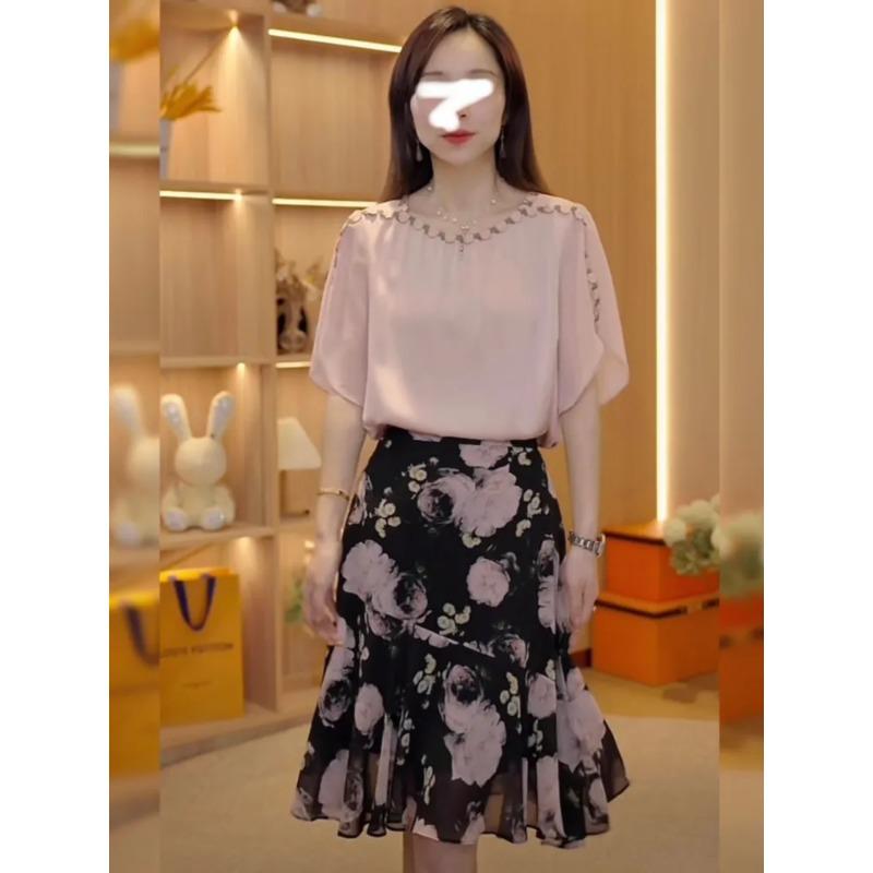 Summer Women's Pink Chiffon Blouse Rhinestone Trim Neckline Cape Sleeve Elegant Top