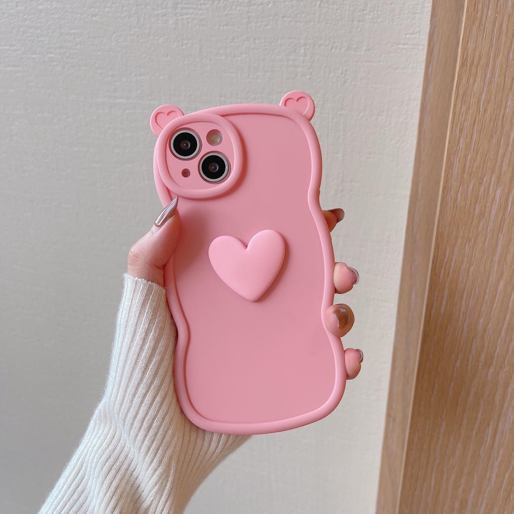 Bear Ears 3D Heart Compatible with iPhone 16 Pro Max Apple 17 Phone Case 15/14 Matte Soft Case