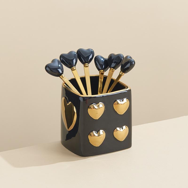 Luxury Gold-plated Ceramic Fork and Spoon Storage Jar Stainless Steel Fruit Fork and Spoon Box Modern Heart Ceramic Storage Jar