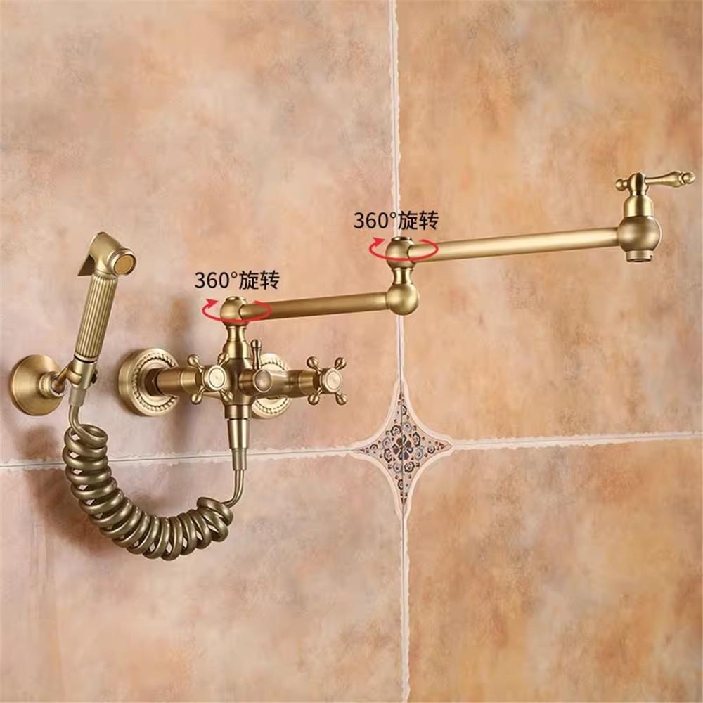 Antique Bronze Pot Filler Tap Wall Mounted Foldable Kitchen Faucet Hot and Cold Single Hole Sink Tap Rotate Folding Spout Brass