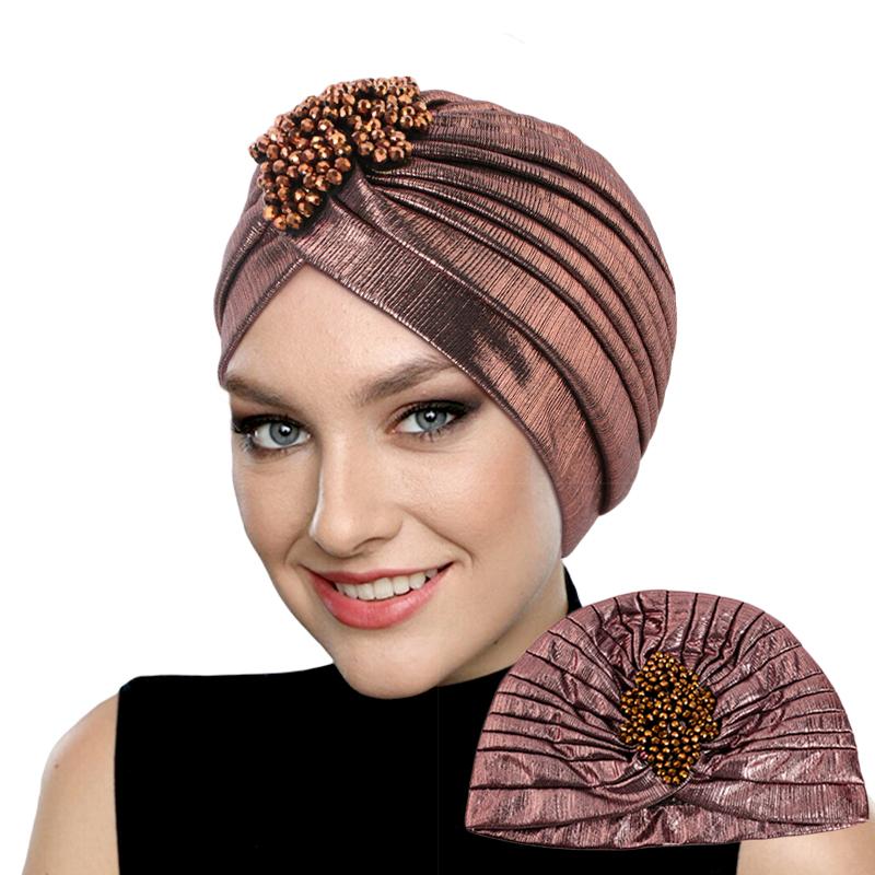 New Women's Luxury Diamond Turban Cap Muslim Indian Hat Bandana Elastic Beanies Chemo Cap African Hat Headwear