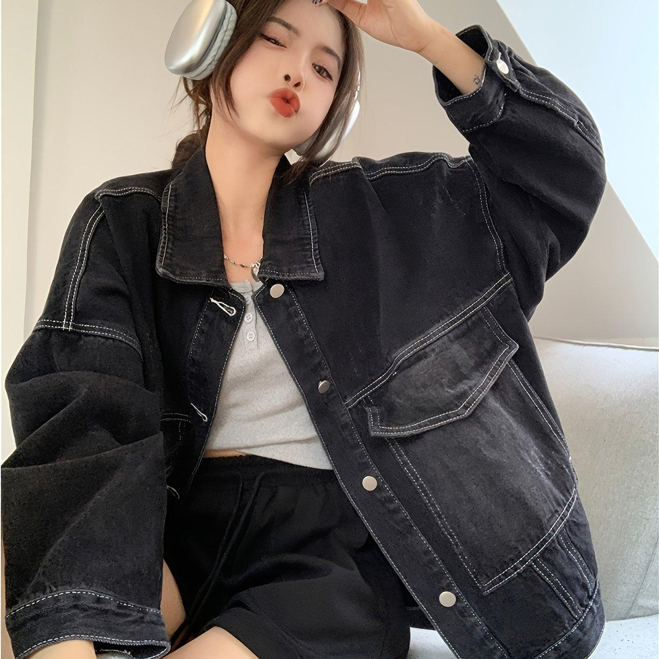 

Женское джинсовое пальто из винтажной стираной ткани — с длинными рукавами, неэластичное, однотонное, без принта, воротник с лацканами, осенне-зимний сезон, классический стиль L чёрный