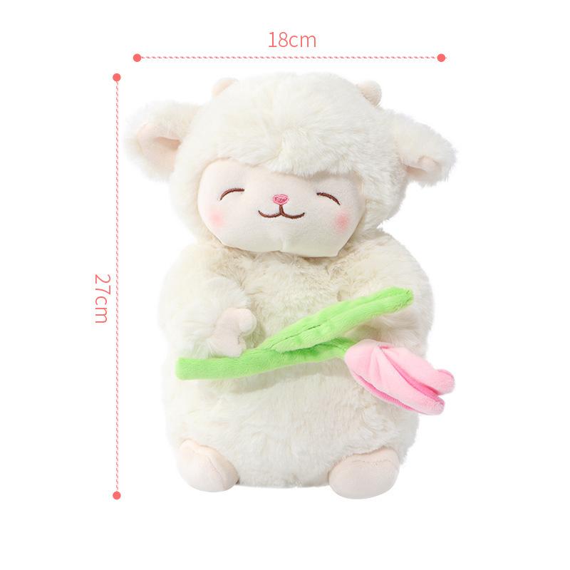 Non-Toxic White Woolen Doll With Standing Posture Cute Sheep Kawaii Pink Lamb Super Soft Holding Flowers Kawaii Gift 27Cm