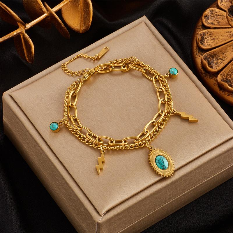 

Gold Plated Stainless Steel Double Layer Curb Chain Bracelet with Turquoise & Lightning Charms for Women золотий