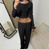 European-American Women's Long-Sleeve Knit Jacquard Top & Wide-Leg Pants Set - Casual Homewear