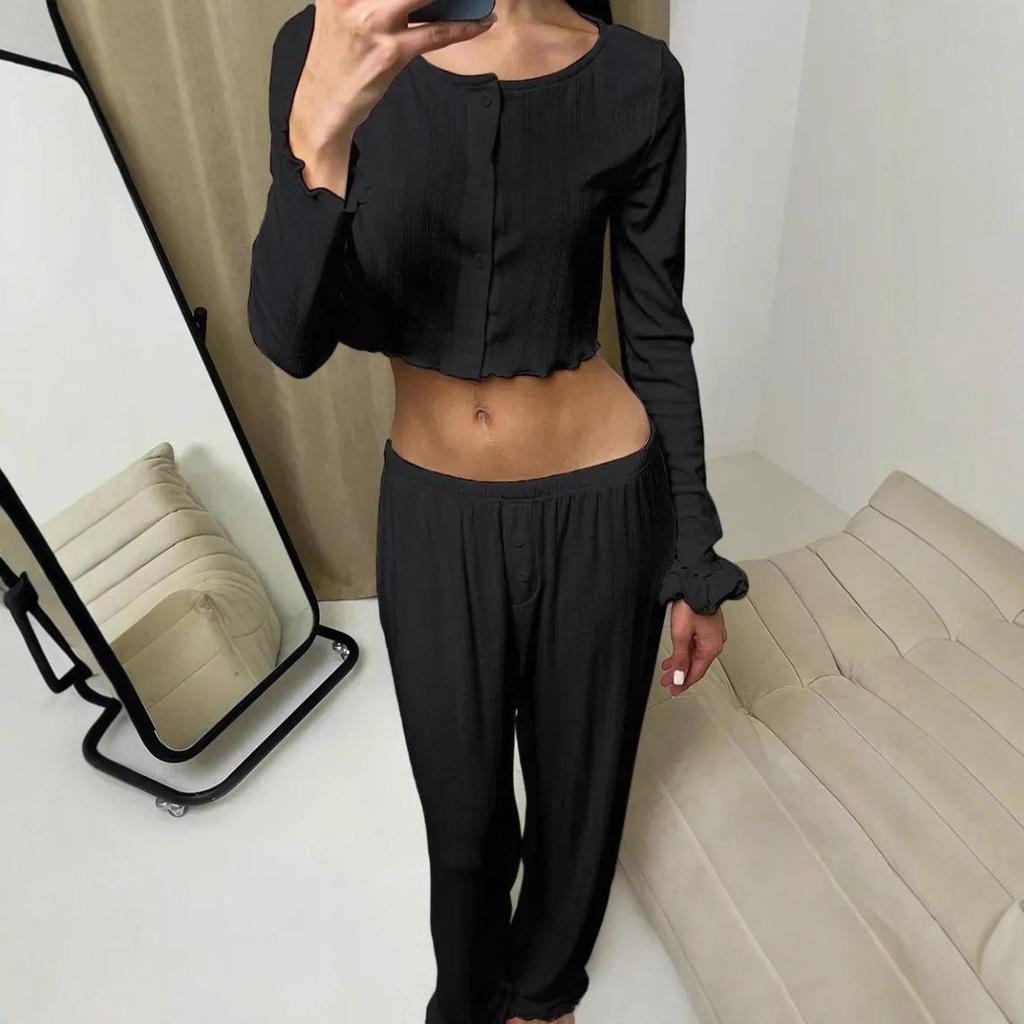 European-American Women's Long-Sleeve Knit Jacquard Top & Wide-Leg Pants Set - Casual Homewear