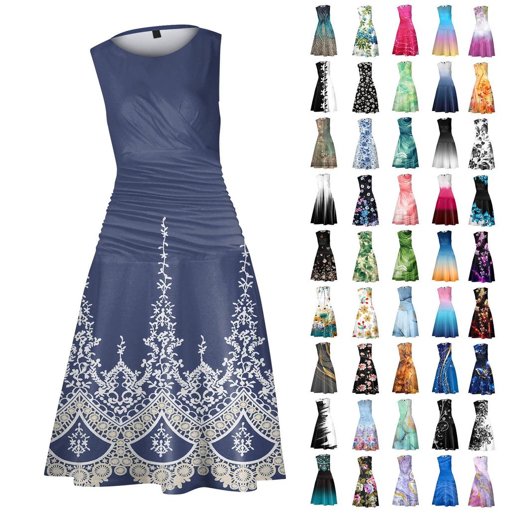 Women's Princess Dress Sexy Round Neck Printed Waist Pulled Sleeveless Dress