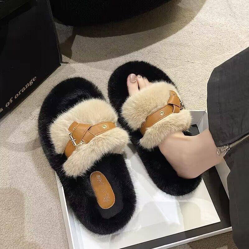 Fashion Fluffy Slippers Women Cute House Slippers Fluffy Slides Warm Slippers Healing Wool Slippers at Home Daily Thick-soled Plush Shoe