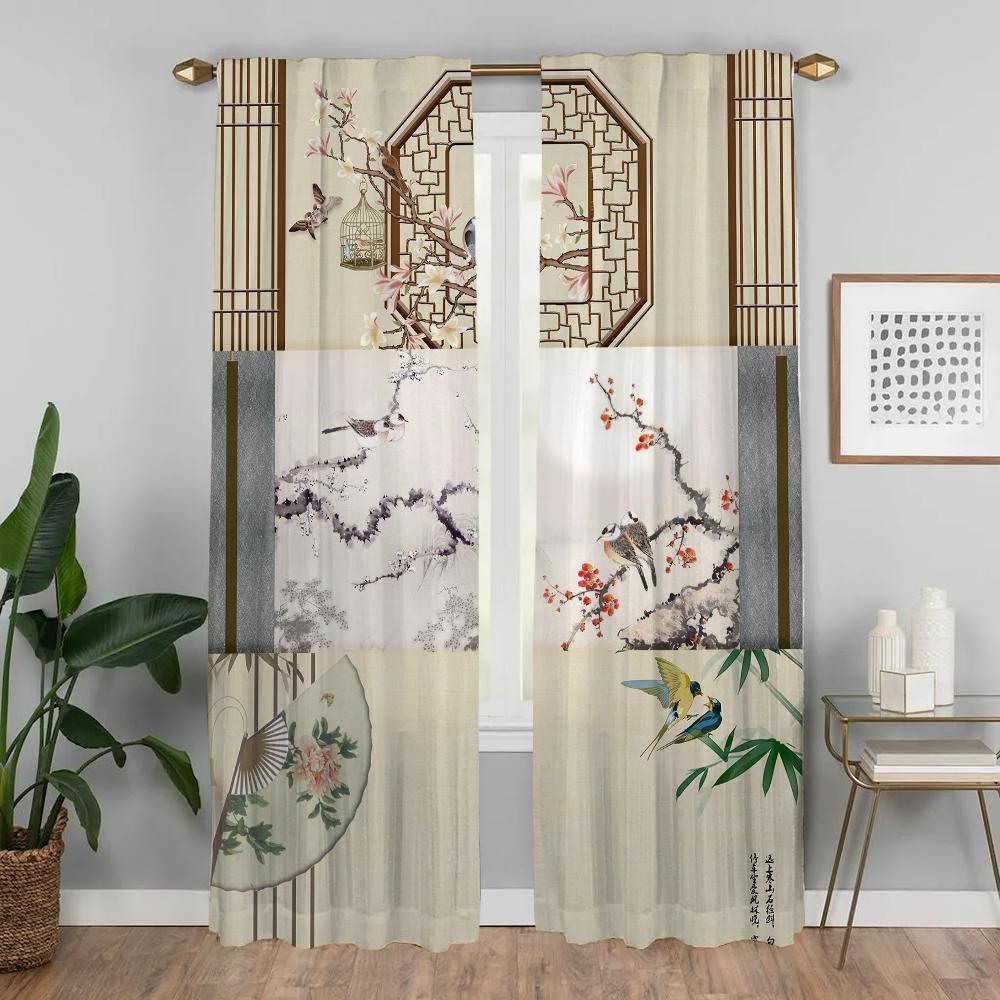Ancient Chinese Style Window Curtain for Room 2 Panel Elegant Room Curtains Tulle for Bedroom Halloween Decoration Partition