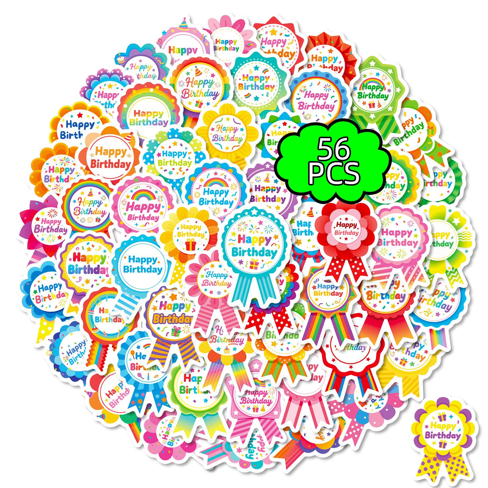 56 Happy Birthday Colorful Graffiti Stickers Colorful Cartoon Medals Birthday Party Decorative Stickers