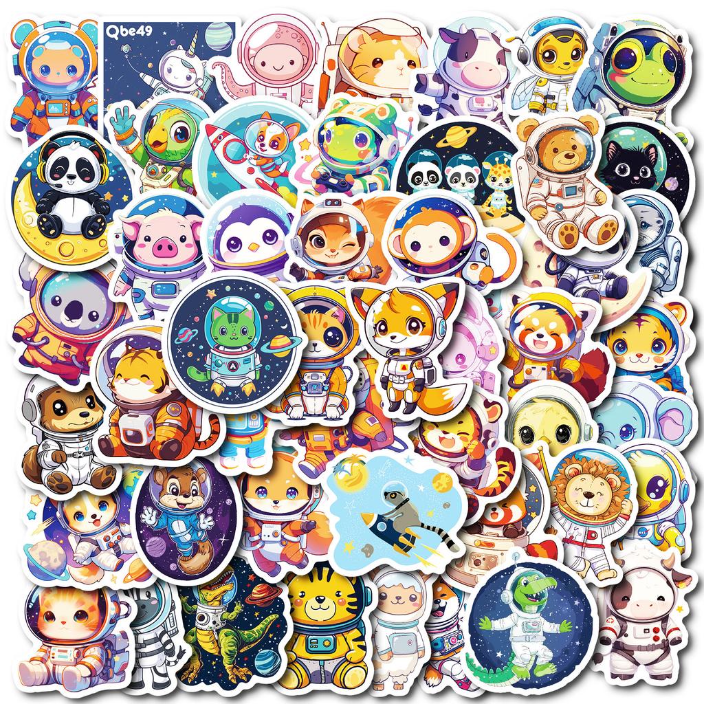 50 Boutique Astronaut Stickers Cute Cartoon Animals Rocket Stickers Diy Water Cup Refrigerator