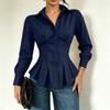 Women Long Sleeve Button Down Shirt Ruffled Waist Peplum Blouse Tailored Fit Collared Shirt Casual Office Wear