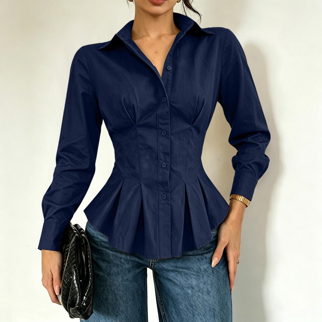 Women Long Sleeve Button Down Shirt Ruffled Waist Peplum Blouse Tailored Fit Collared Shirt Casual Office Wear