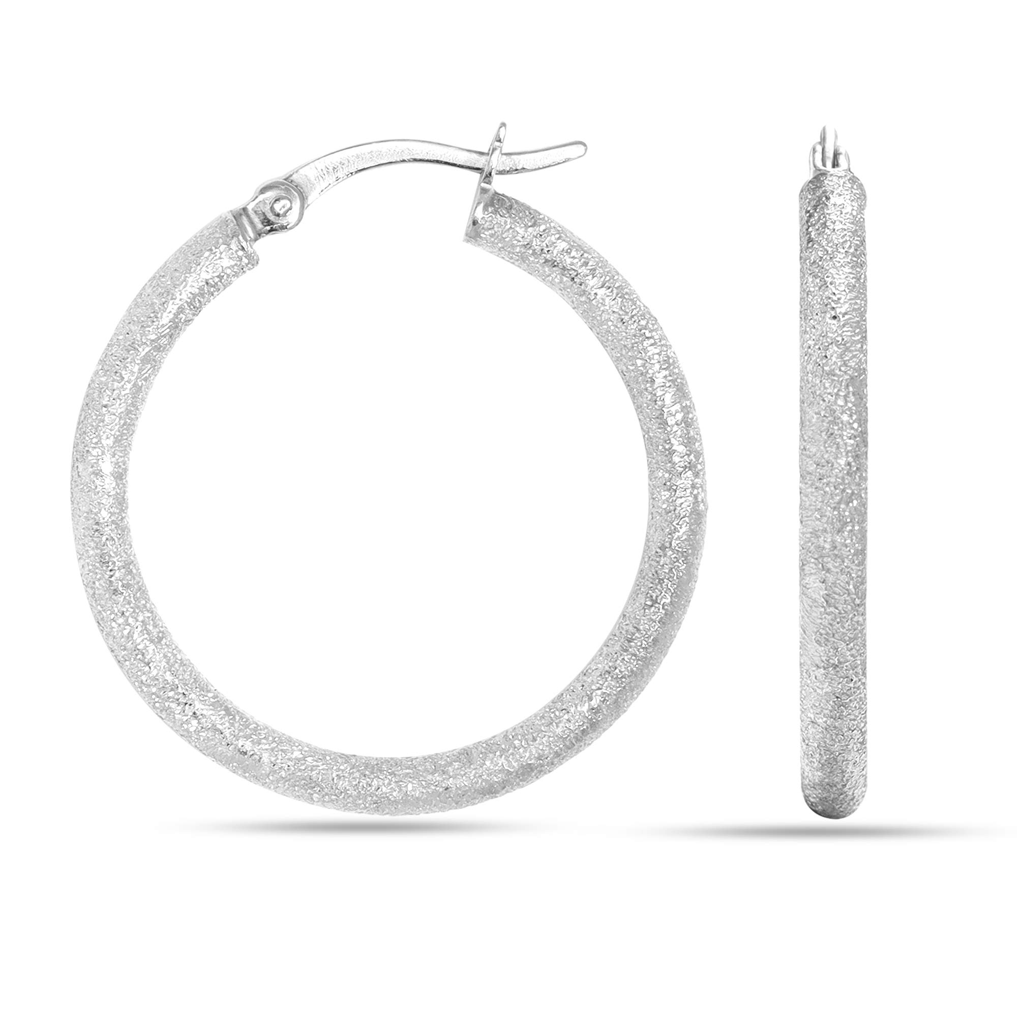 Real 925 Sterling Silver Jewelry High Polished Textured Round Click-Top Hoop Earring for Women 25 MM