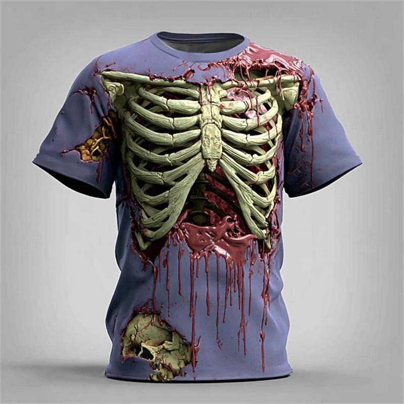 New Halloween Men's 3D Bone Print T-shirt Round-neck Short-sleeved T-shirt Shirt Horror Party Top Street Fashion Clothing