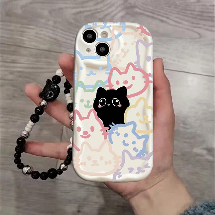 Cute Black Cat Bracelet Chain Case For Samsung Galaxy S25 Ultra S22 S21 S20 Plus S21FE S20FE S25FE A31 Y2K Soft Wave Side Cover