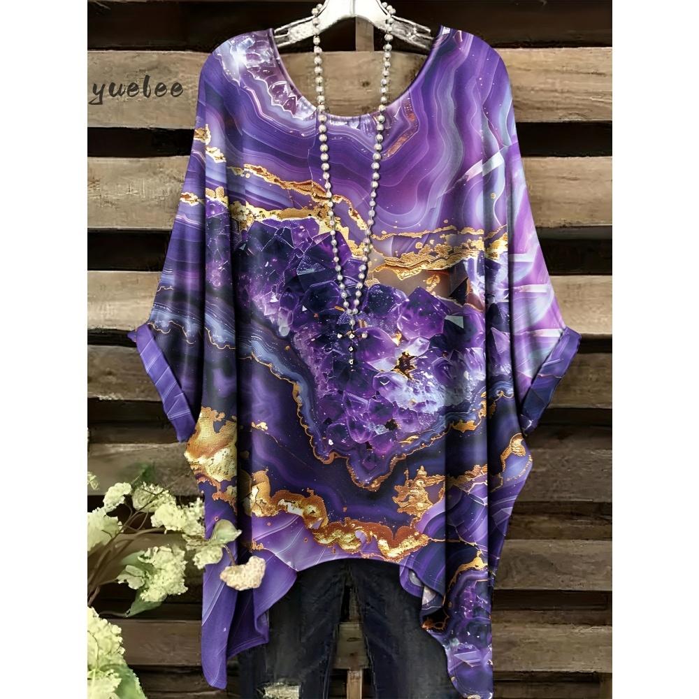 Tessuto Estivo Imitazione Denim Stampa Tie-Dye Orlo Irregolare Girocollo Manica Corta da Donna Abbigliamento Casual da Esterno da Donna