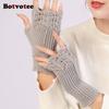 Botvotee Sleeves for Women Arm Warmers Free Shipping Y2k Accessories Burgundy Knit Winter Fingerless Gloves Fashion Arm Guard