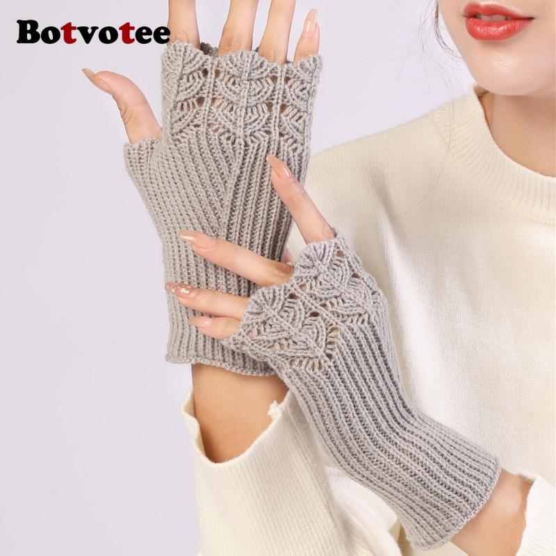Botvotee Sleeves for Women Arm Warmers Free Shipping Y2k Accessories Burgundy Knit Winter Fingerless Gloves Fashion Arm Guard