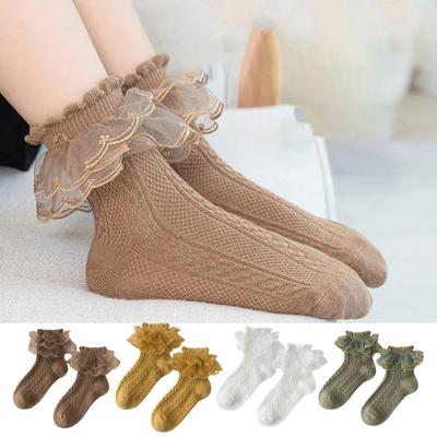 1 par meias femininas lolita plissado renda decoração fina alta elasticidade antiderrapante macio respirável cor sólida absorção de suor sem odor meias de dança