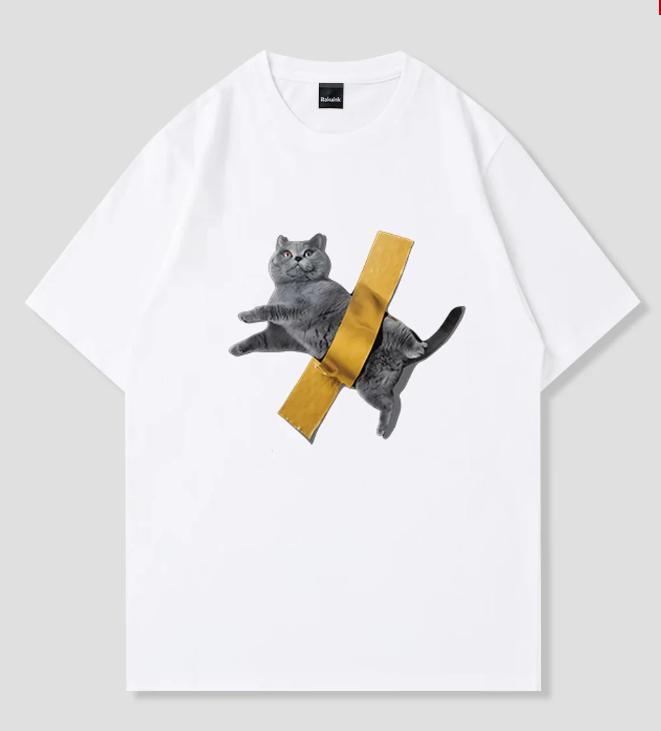 

Kawaii Korean Versatile Retro Funny Meme Cat TShirt Yellow Tape Cat Graphic Fashion Casual Short Sleeve Top Unisex Women Clothing S