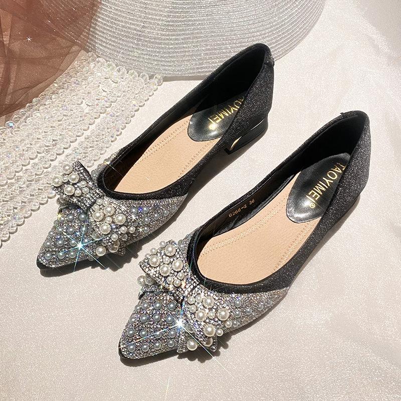 Bow Thick Heel Pointed Single Shoes 2025 New Fairy Style Evening Middle Heel Versatile Pearl Rhinestone Satin Women's Shoes
