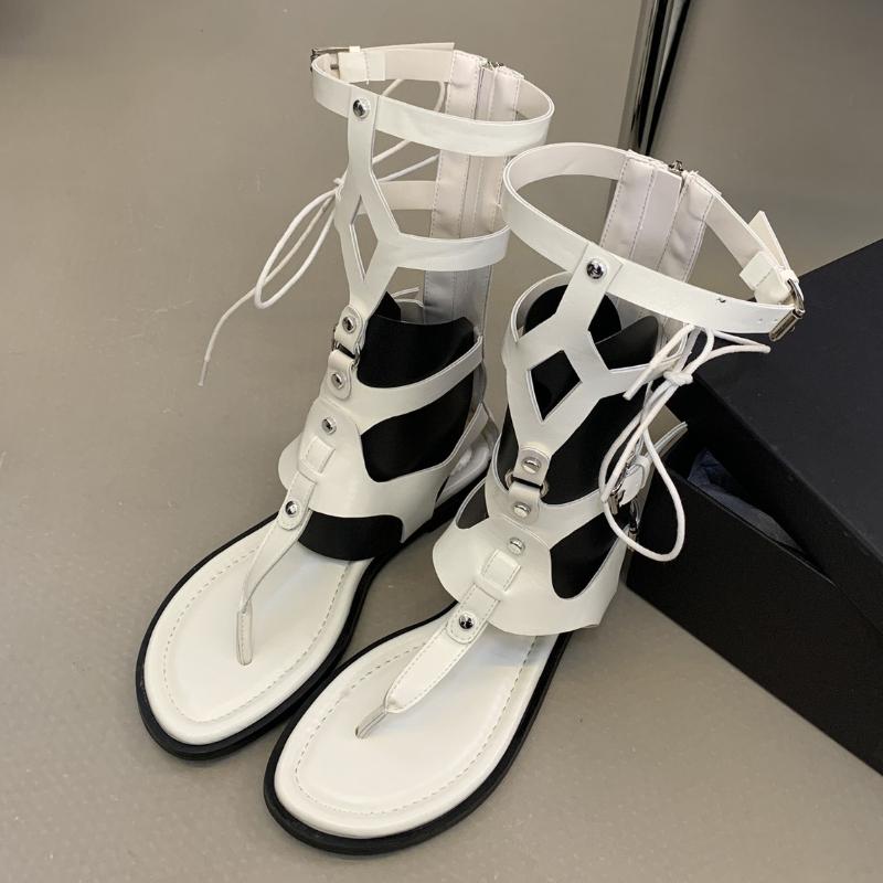 

Fashion Punk Rivet Design Mid Calf Summer Boots Women Narrow Band Buckle Back Zipper Roman Gladiator Shoes Comfort Clip Toe Modern Boots 35 белый