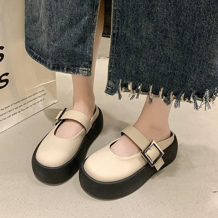 Round head thick-soled bag head half-drag new summer fashion one-button slippers casual muffin sole women's shoes